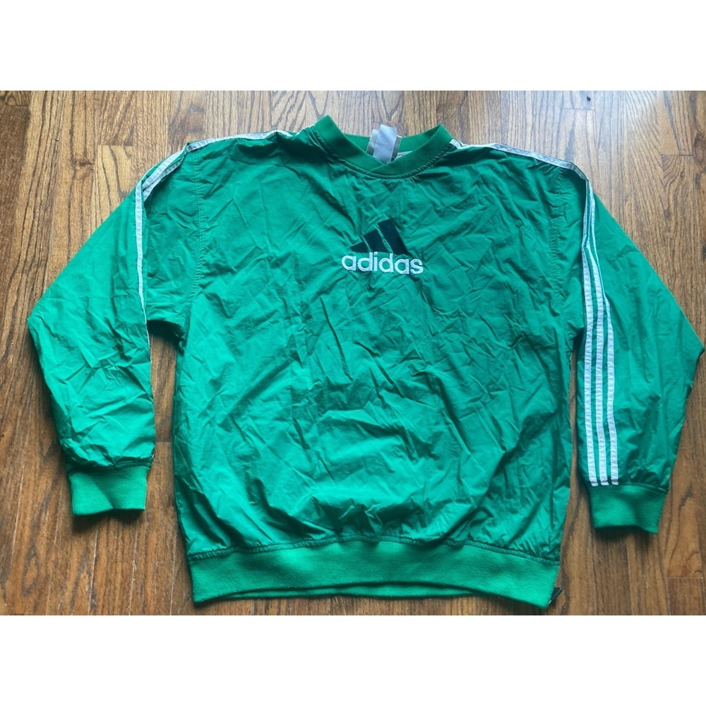 VTG Adidas Windbreaker Jacket Mens XL Green Spell Out Lined Side Zip 90s Logo